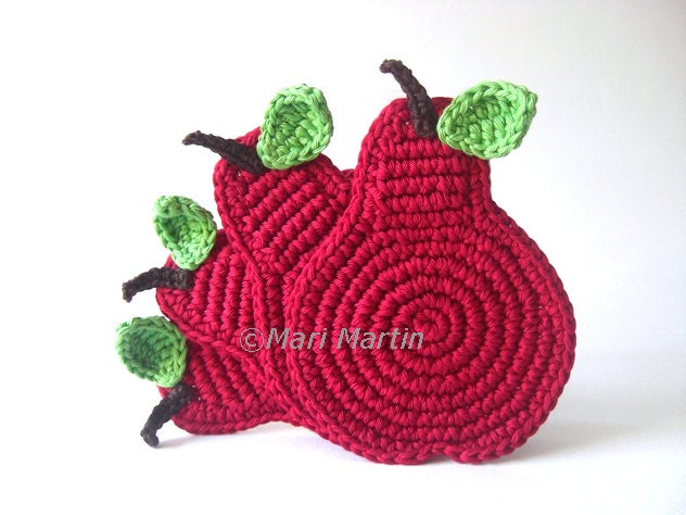 Wine Pears Crochet Coasters . Cherry Deep Red Leaves Beverage Drink Decor Crochet Fruit Collection - Set of 4