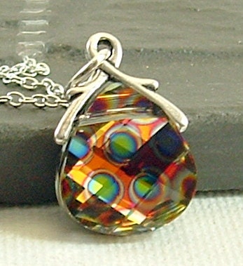 Shipping Peacock Eye Necklace - Rainbow Colors Flat Pear Swarovski Briolette Teardrop Pendant on Sterling Silver Chain