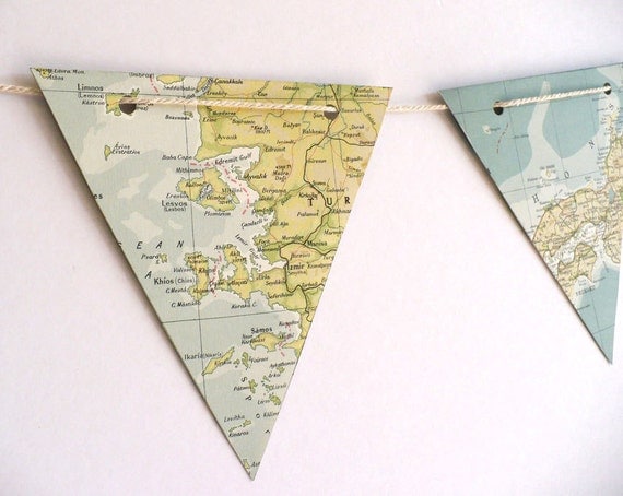 WORLD MAP Paper bunting - vintage atlas paper, travel party decoration, map decoration