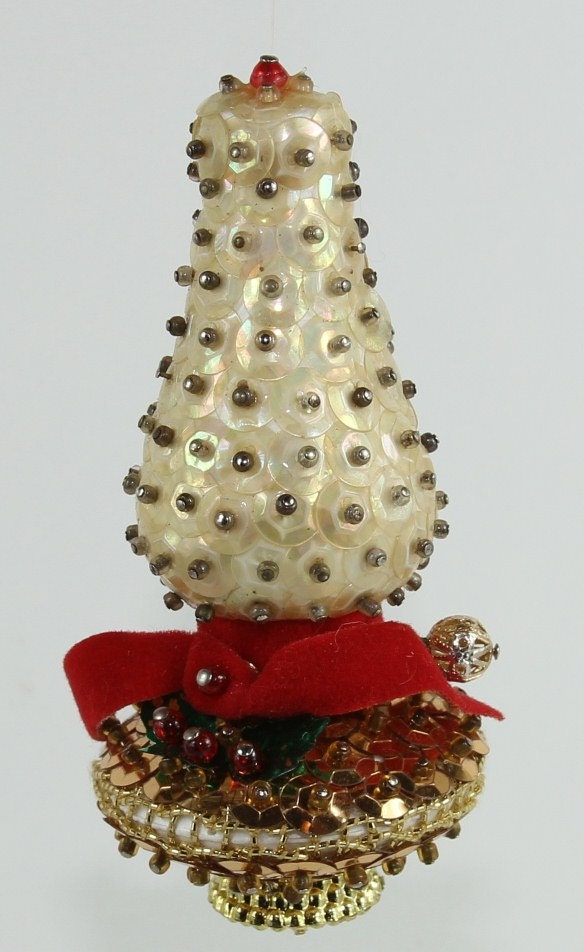 Vintage Elegant Handmade Lantern Christmas Ornament encrusted with white and Gold sequins Red Ribbon and Green Sequin Leaves