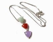 Genuine Green Purple and Red Jade Sterling Silver 3 Hearts Neckace