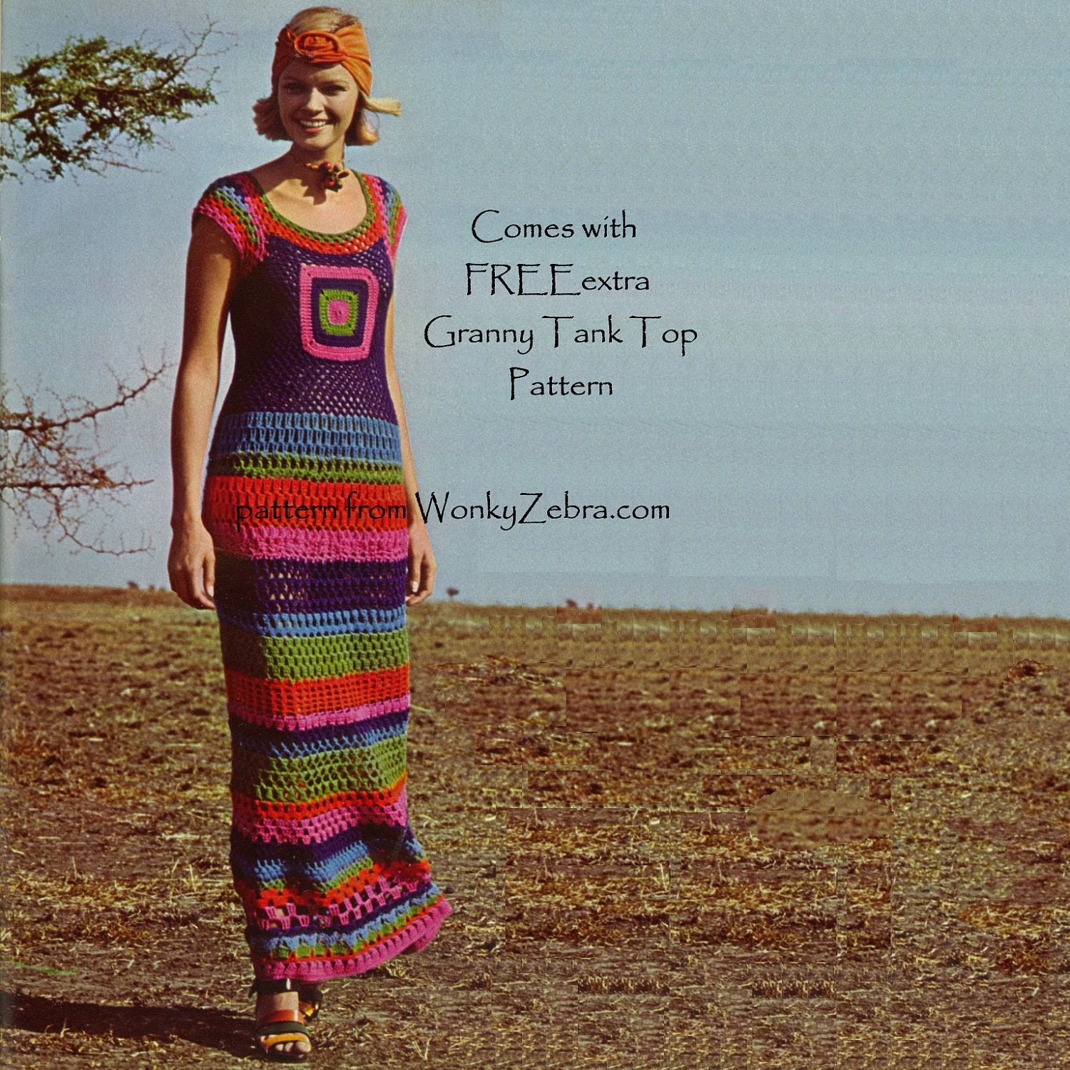 Granny Square Crochet Maxi Dress Vintage Pattern PDF 134 from WonkyZebra