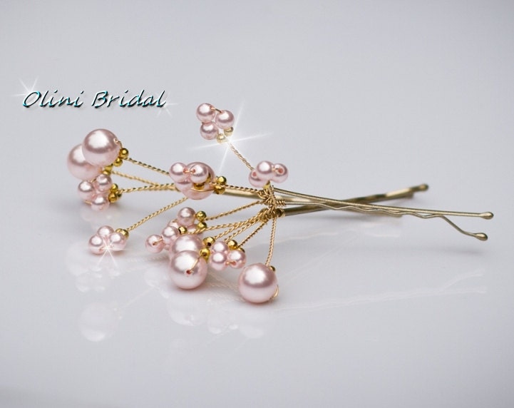 Wedding Accessories, Bridal Golden Pink Swarovski Pearls Hair Pins Set of 3