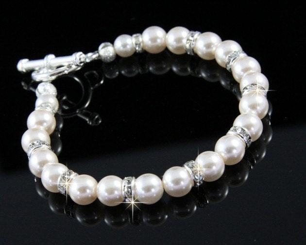 Bridal Ivory Swarovski Pearl Bracelet with Rhinestones - pick your pearl color