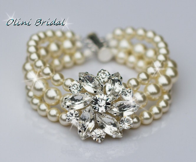 Bridal Jewelry, MELISSA - Rhinestone and Swarovski Pearls Bridal Bracelet, Wedding Accessories