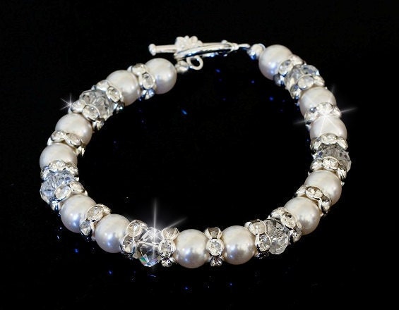 Bridal bracelet, CHANTEL - White Swarovski Pearls and Crystals with Rhinestones Bracelet - pick your pearl color