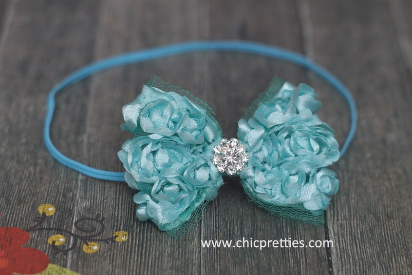 Newborn Baby Girl Headband: Turquoise Satin Rosettes Petite Dainty Bow on Skinny Headband. Other sizes also available.