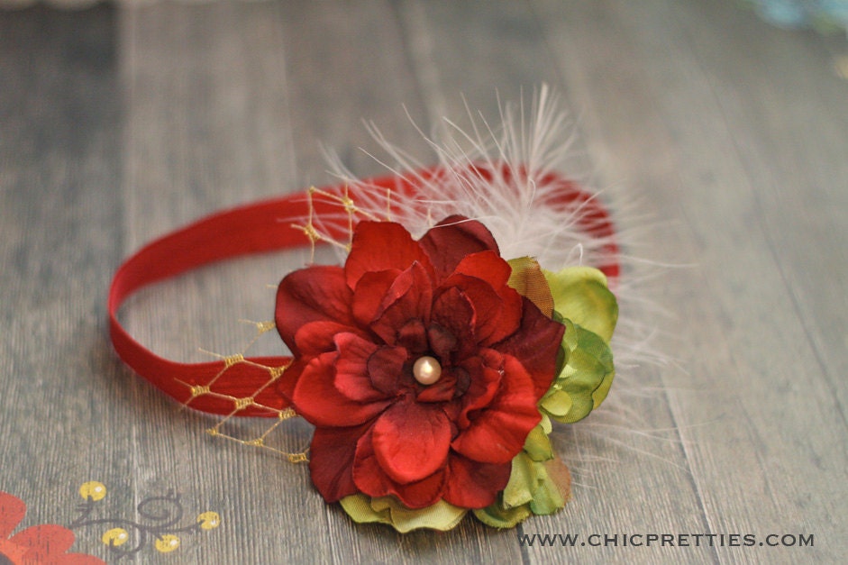 Christmas Holiday Headband. Red and Green Flower on Red Headband. Baby Headband. Newborn Headband. Newborn Prop. Girls Headband.