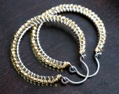 Handmade beaded hoops, large, seed beads, oxidized sterling silver, gold filled, wire wrapped, mixed metal