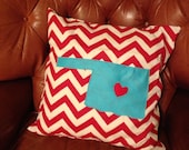 Oklahoma love pillow cover. Turquoise. red. White. Heart. Love. Pillow cover. Oklahoma. HOMA. State. State pillow. ACTUAL PILLOW