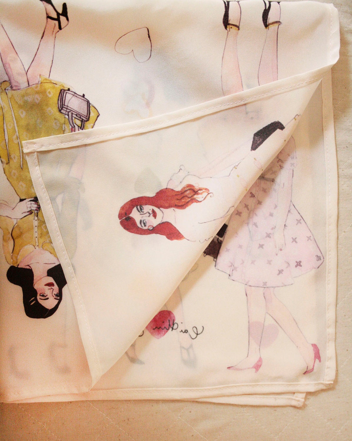 Sunday Stroll - Silk scarf printed with an original illustration by Caitlin Shearer