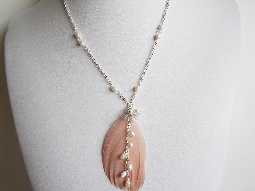 Pearl Bridal Necklace - Real Feather Necklace  - Blush Bridal Necklace - Pearl Dangle Bridal Necklace