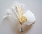 Yellow and Ivory Bridal Feather Hair Clip - Curled Feather Headpiece - Crystal and Pearl Hairclip - Ivory and Yellow Bridal Hairclip