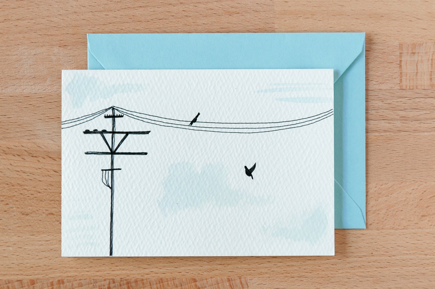 telephone line and birds aqua blue blank note card