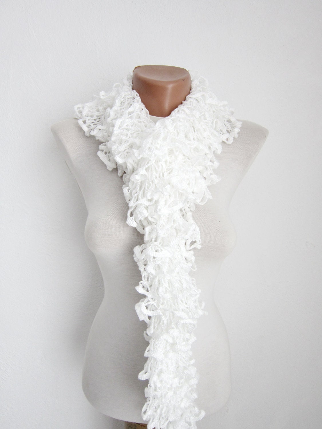 White Knit Scarf Fall Fashion Frilly scarf Ruffled Scarf  Holiday Accessories