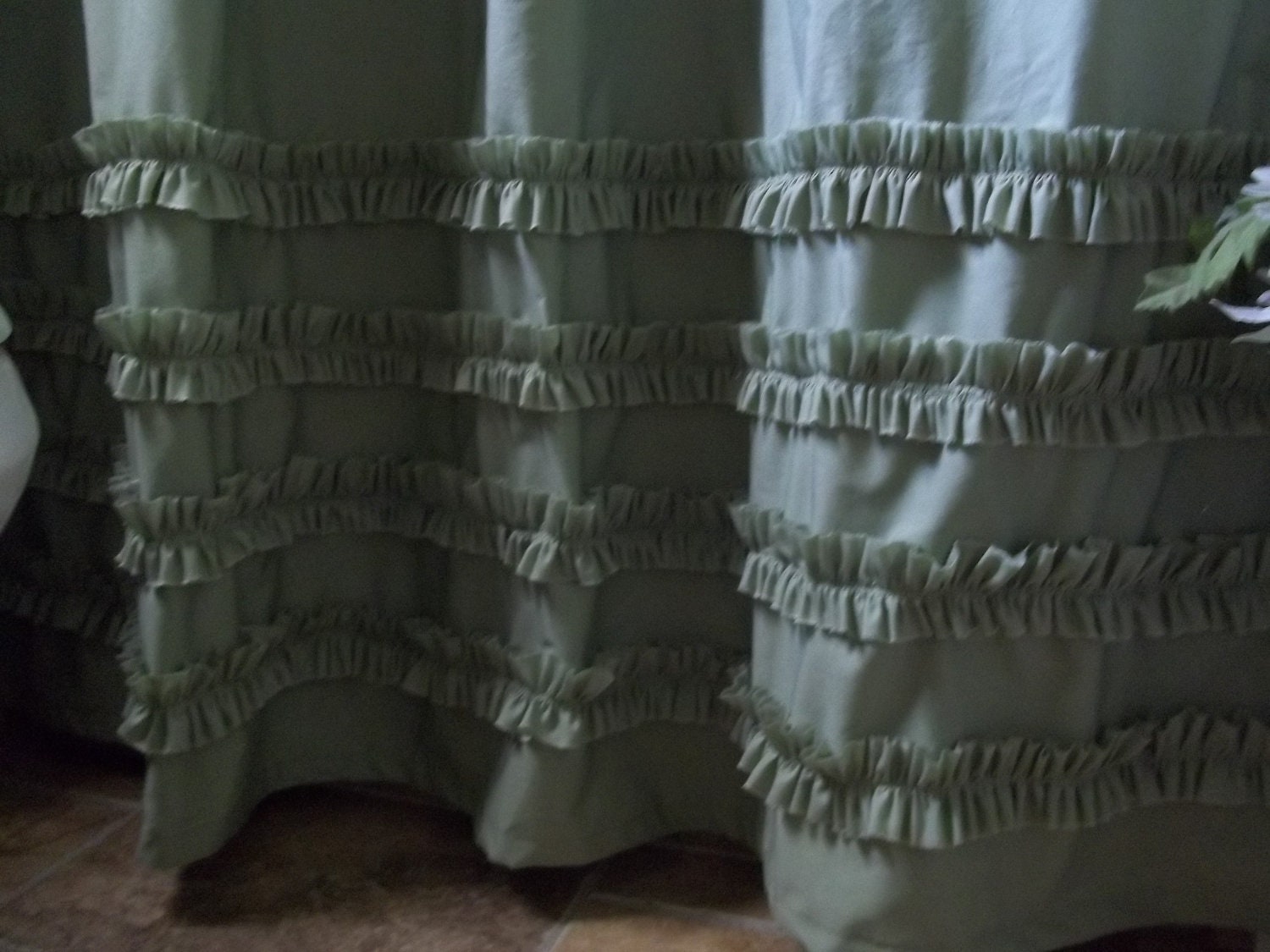 Shabby Chic - Cottage- Beach - Washed - Sage Green - Cotton Ruffles Shower Curtain