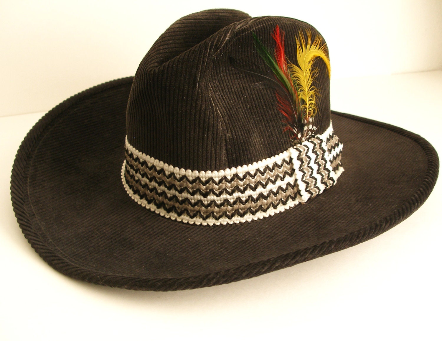 Black Corduroy Cowboy Hat with Gray and White Woven Hatband & Feathers - Gifts For Him - Under 50