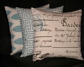 Pillows Decorative Pillows TRIO Ikat, Greek Key, French Script 16 inch Throw Pillow Covers 16" spa blue on natural