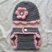 Crochet Baby Diaper Cover Hat Set, Newborn Diaper Cover, Infant Diaper Cover Set, Children, Gray -Pink, Photo Prop, Gift