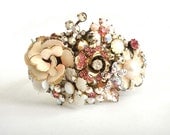 Bridal cuff bracelet - rhinestone cuff - wedding jewelry - vintage collage shabby chic cuff - flowers wrist corsage in pale pink