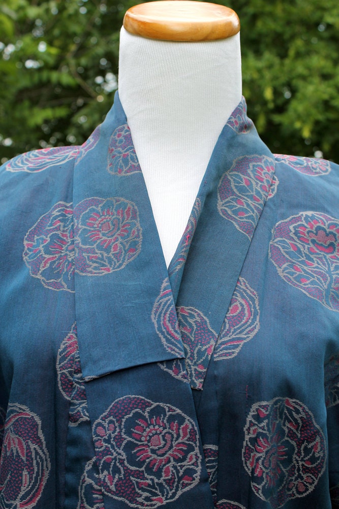 Vintage Silk KIMONO Blue with Pink Asian Floral Print YUKO KIMONO