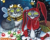 Xmas Cats - 8x8 art print - Two cats are not pleased about their costume Christmas gifts