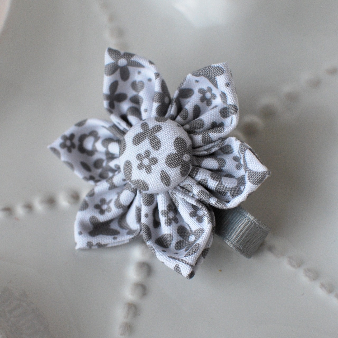 Silver Grey Kanzashi Fabric Flower Hair Clip- Snowflake Flower- Holiday Hair Clip