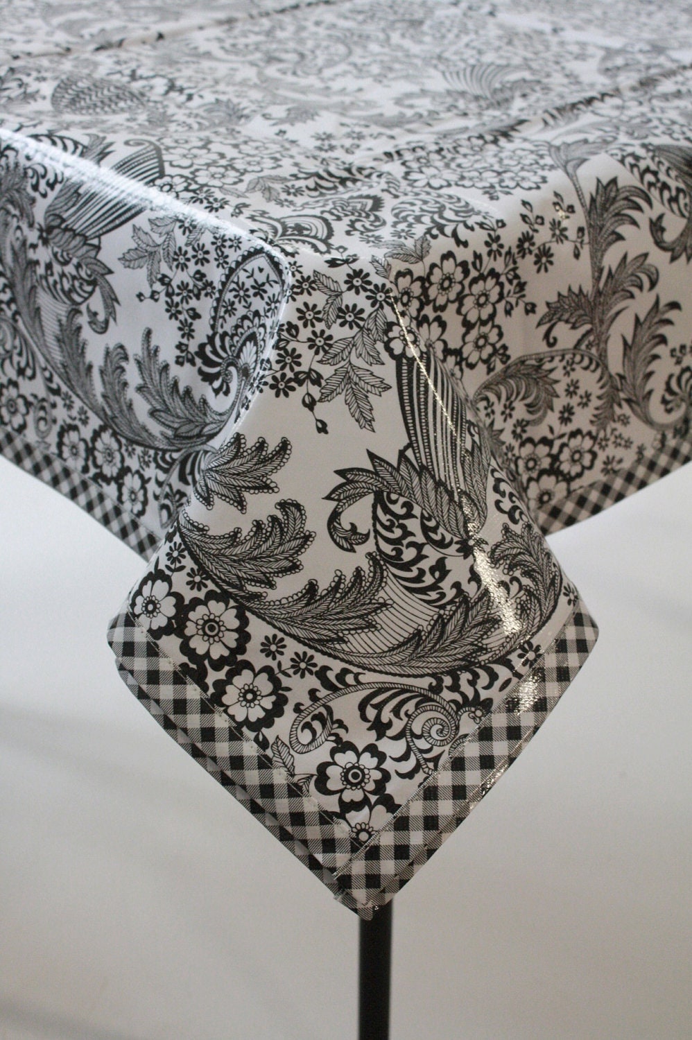 48x84 Black Toile with Black Gingham Trim Oilcloth Tablecloth