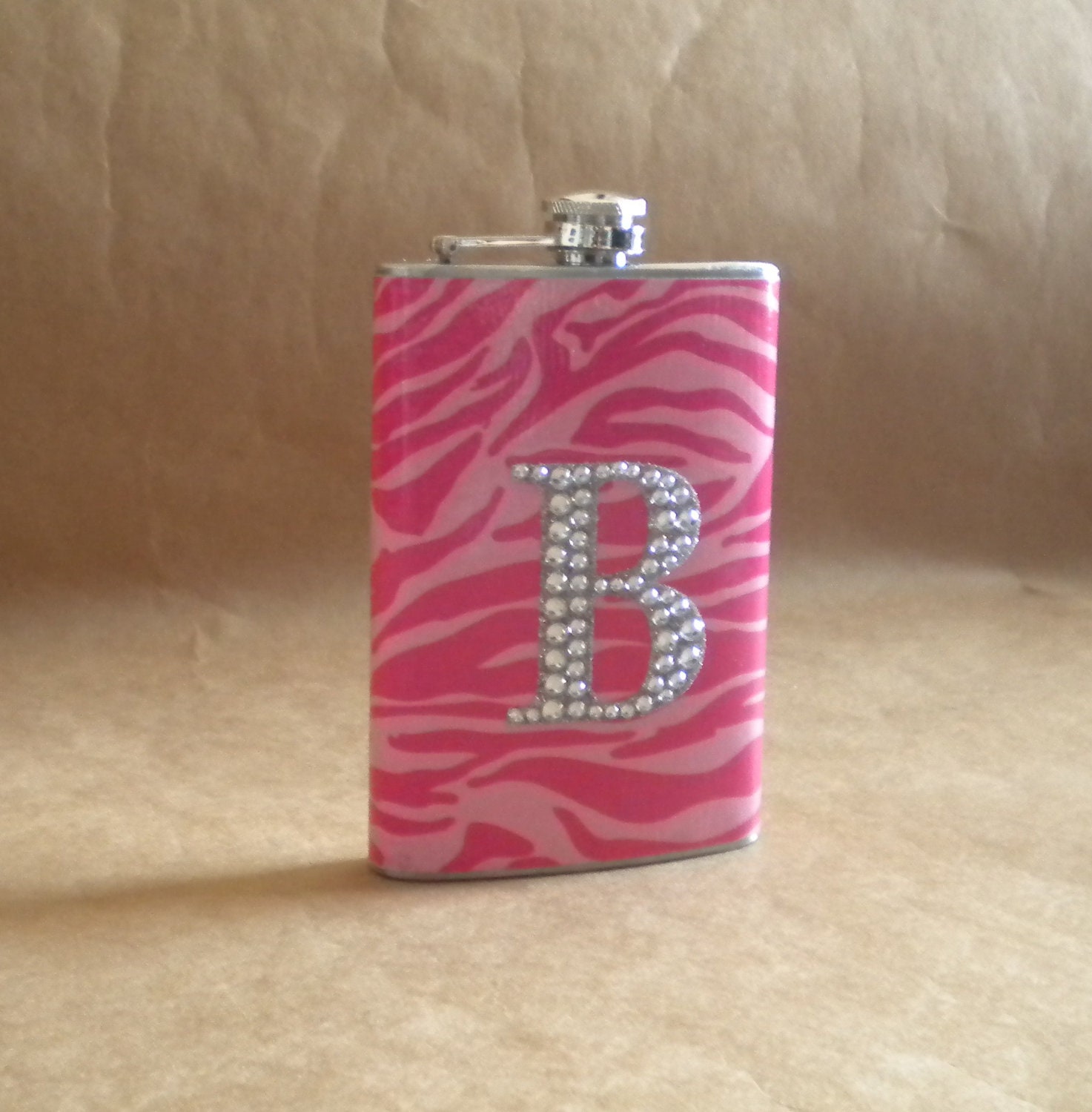 Graduation Girly Gift Flask Pink on Pink Zebra Print with ANY Rhinestone Initial 8 ounce Stainless Steel Girly Gift Flask KR2D 5254