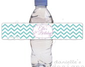 Aqua and Lavender Modern Chevron Personalized Birthday Waterproof Water Bottle Labels - 35 Labels