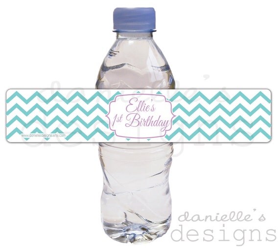 Aqua and Lavender Modern Chevron Personalized Birthday Waterproof Water Bottle Labels - 35 Labels Il_570xn
