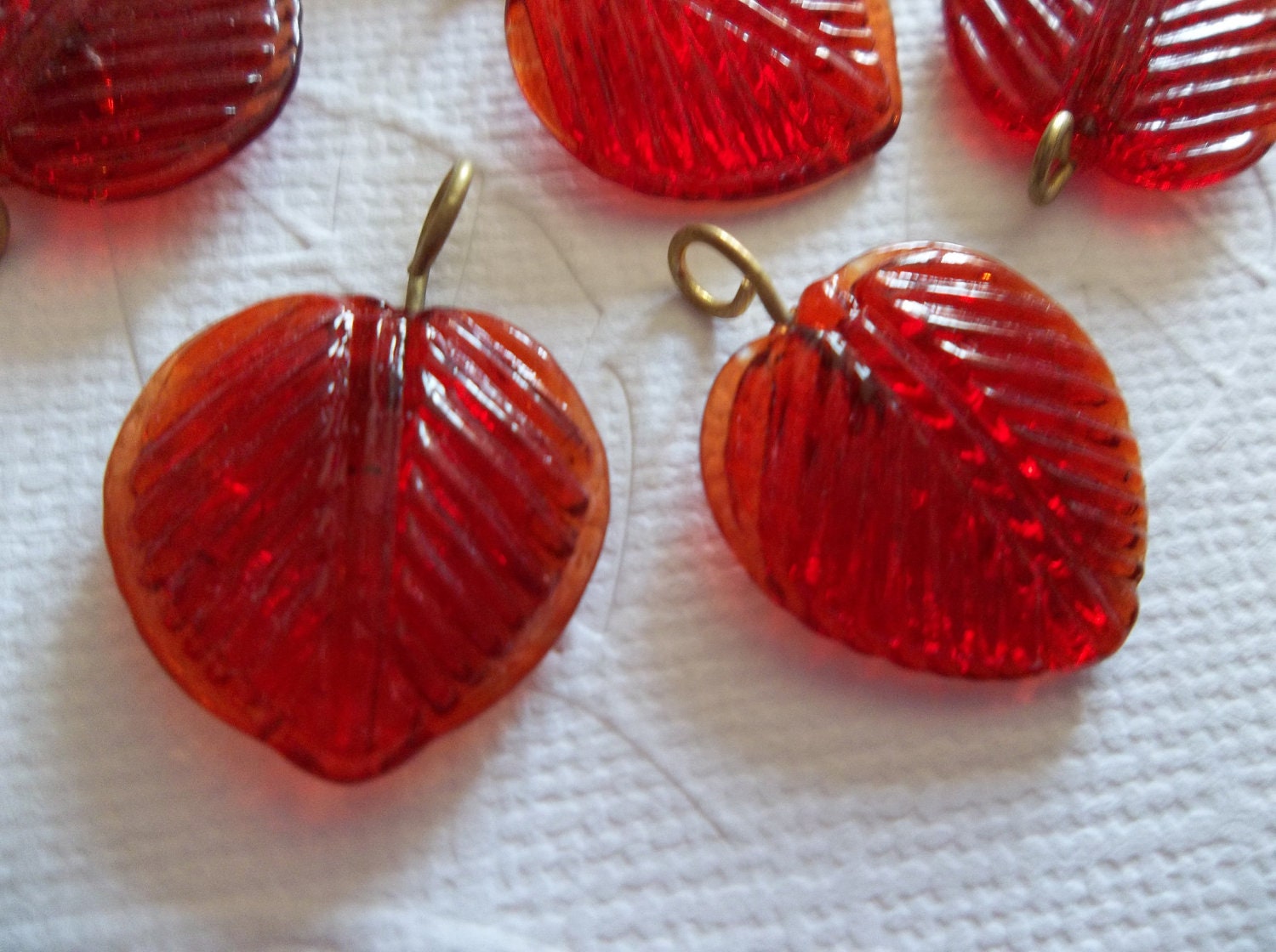 Ruby Red Glass Leaf Charms Beads Leaves with Brass Loops 16mm - Qty 12