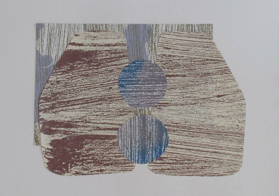 Modern mid century print. An original hand pulled screenprint with collage in retro plum, blue grey & lilac with modernist influences