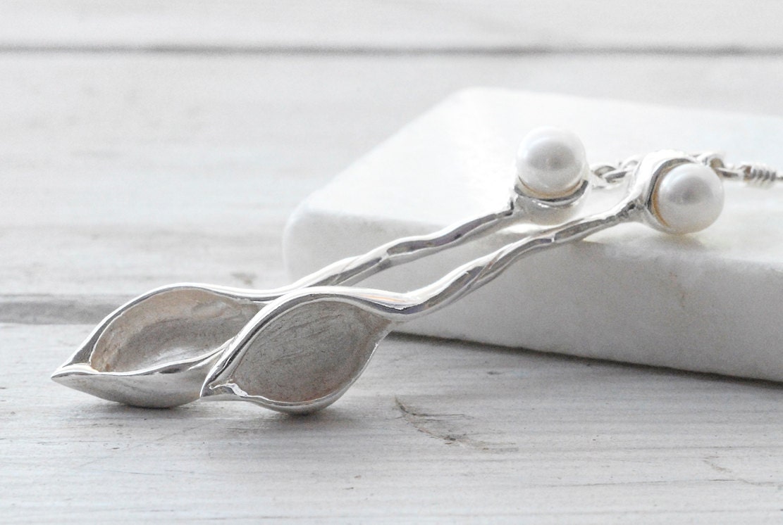 White Ivory Pearl Earring, Sterling Silver Organic Leaf Long Dangle Earring, June Birthstone, Bridal Jewelry, Statement Jewelry, Spring 2013