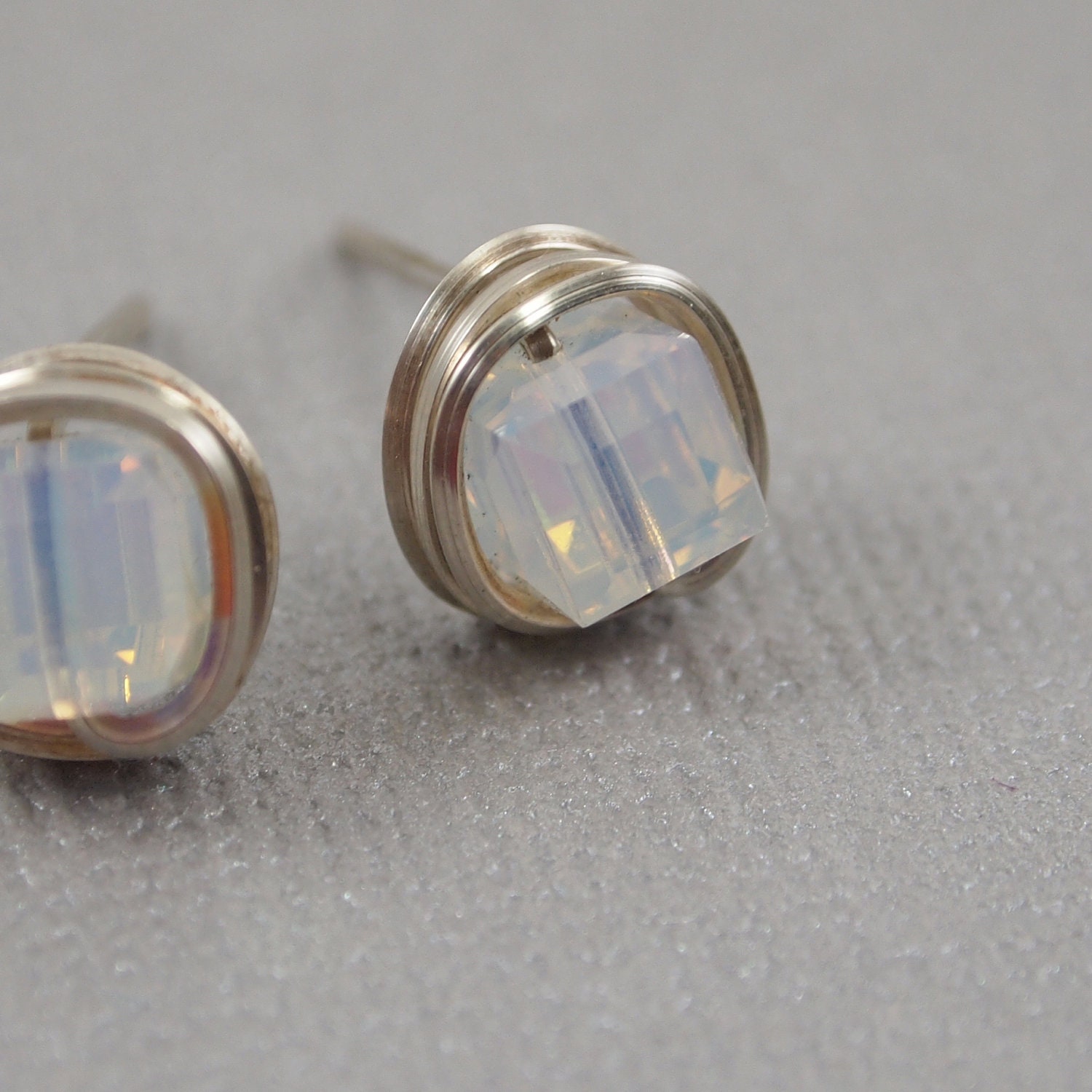 Reserved for Yenna - Simple Modern White Opal Crystal Cube Wire-wrapped Earrings in Argentium Sterling Silver