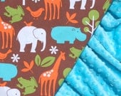 Minky Baby Blanket - Michael Miller Chocolate Zoology with Turquoise Blue Minky - Ready to Ship