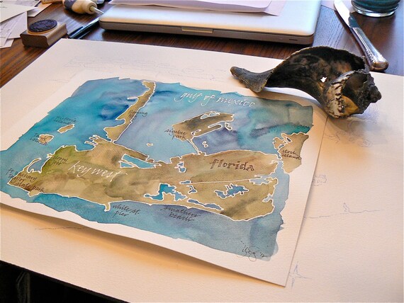 Key West, Florida map, original signed watercolor 9x12 painting