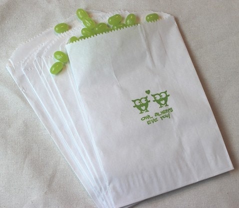 25 Owl Always Love You White Kraft Paper Favor Bags - you choose ink color - Perfect for Weddings, Baby Showers & Parties