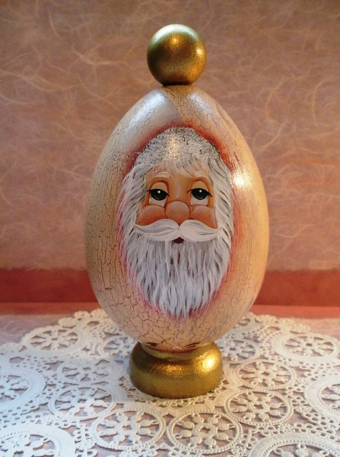 Hand Painted Christmas Crackled Wood Egg Santa OOAK Gift Exchange Holiday Home Decor