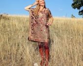 Kaftan Dress in Oxblood Burgundy and Gold Cashmere & Silk  with Fringe . Hippie Boho Style Caftan . One Size Fits All