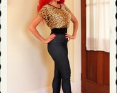 KILLER Early 1960's Leopard Print Stretch Flannel Pull Over Blouse with Ribbed Waistband - Rock n Roll - VLV - Rare - Plus Size L to XXXL