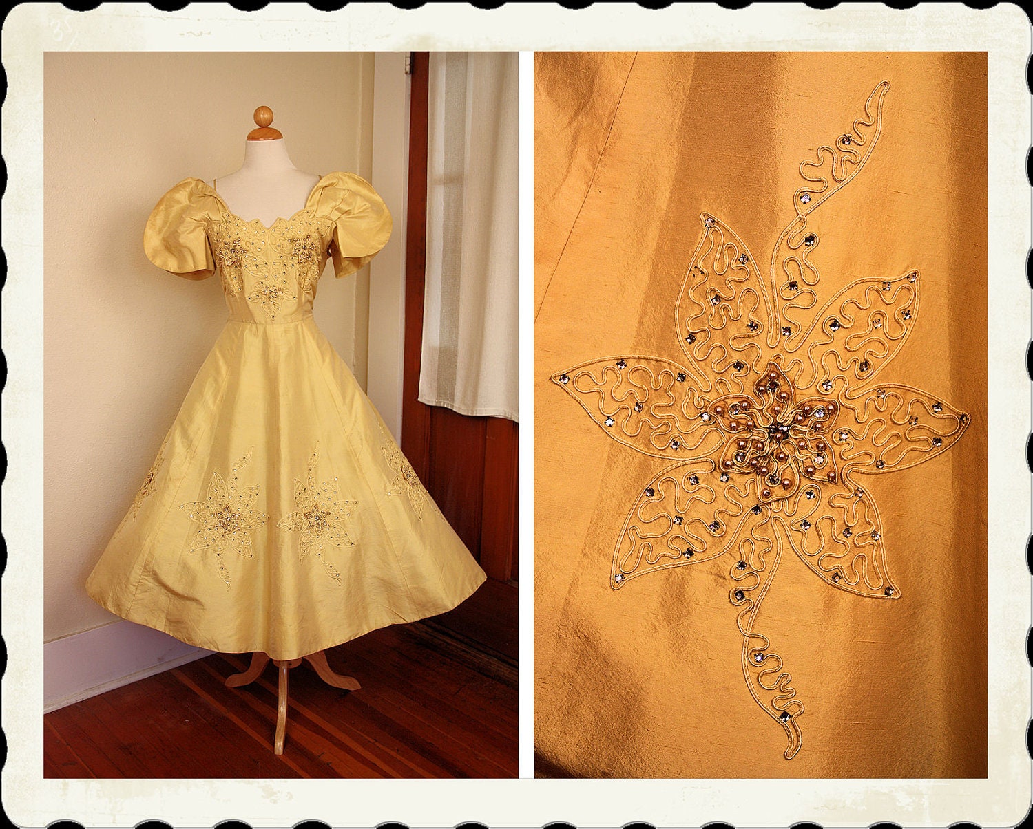 COUTURE Stunner 1950's New Look Iridescent Gold Yellow Raw Silk Party Dress w/ Squiggle Appliques, 3D Flowers, & Rhinestones - Dior - Size L