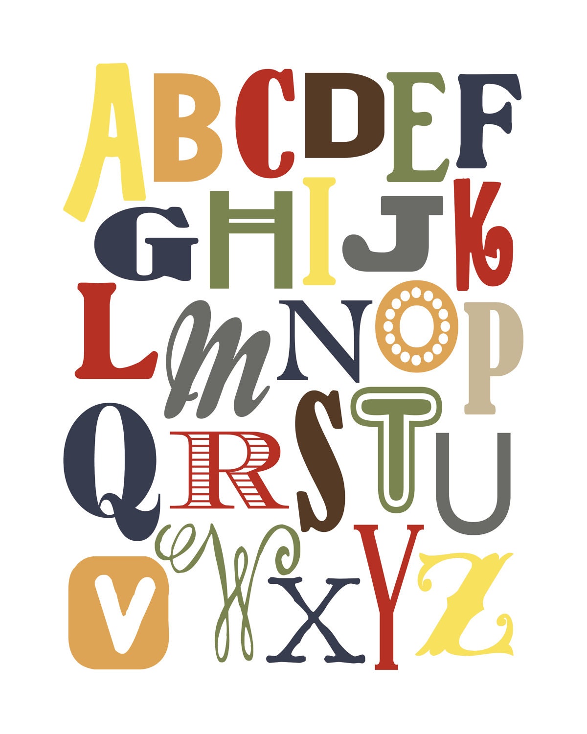 ABC Alphabet Print in Primary Colors 8x10