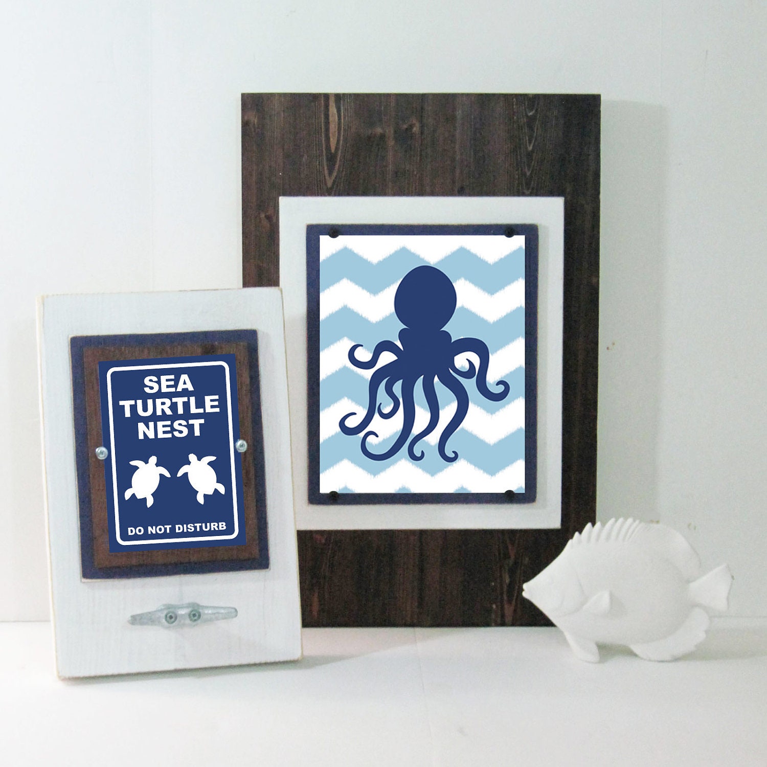 FRAMED ART 8x10 Octopus Chevron Print in Wood Plank Frame- Navy and Aqua-