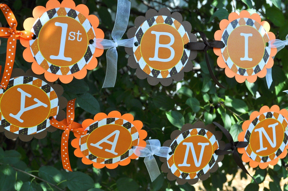 Argyle Happy Birthday Banner - Halloween, Autumn Birthday Party Decorations - Fall Colors Brown, Orange, Yellow Il_570xn
