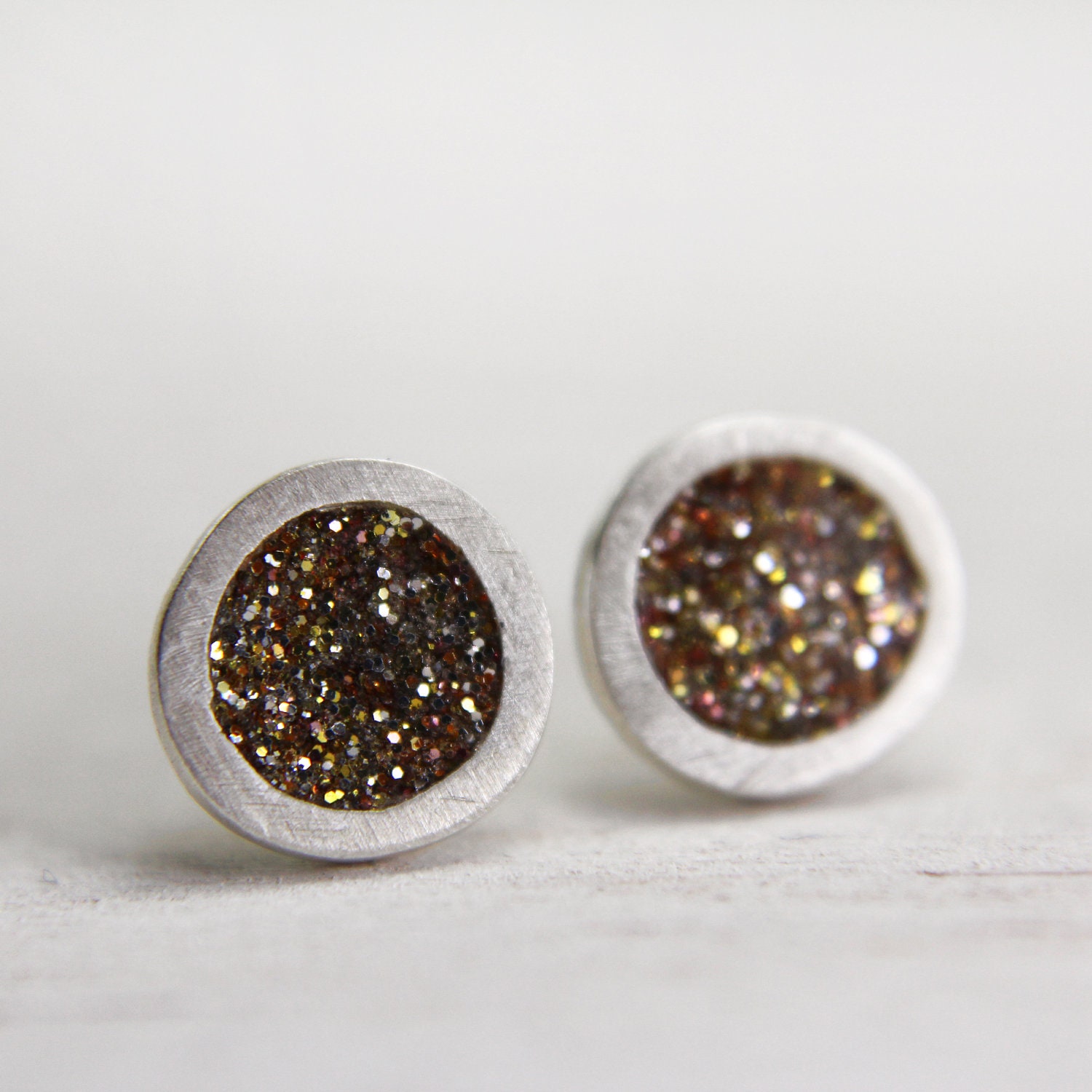 fine silver post earrings with gold sparkles - organic post earrings - sterling silver