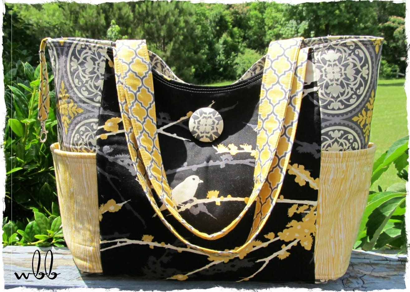 Diaper Bag / Tote Ready to Ship Versatile Elodie Handmade 6 pockets Aviary Grantie Cavern Baby Boy Girl Boutique Scrollwork Yellow Mustard