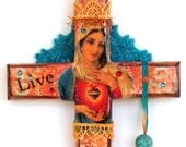 Decorated Cross Decoupaged Cross Catholic Crucifix Virgin Mary Sacred Heart Madonna Catholic Orange Aqua Religious Mothers Day Gift