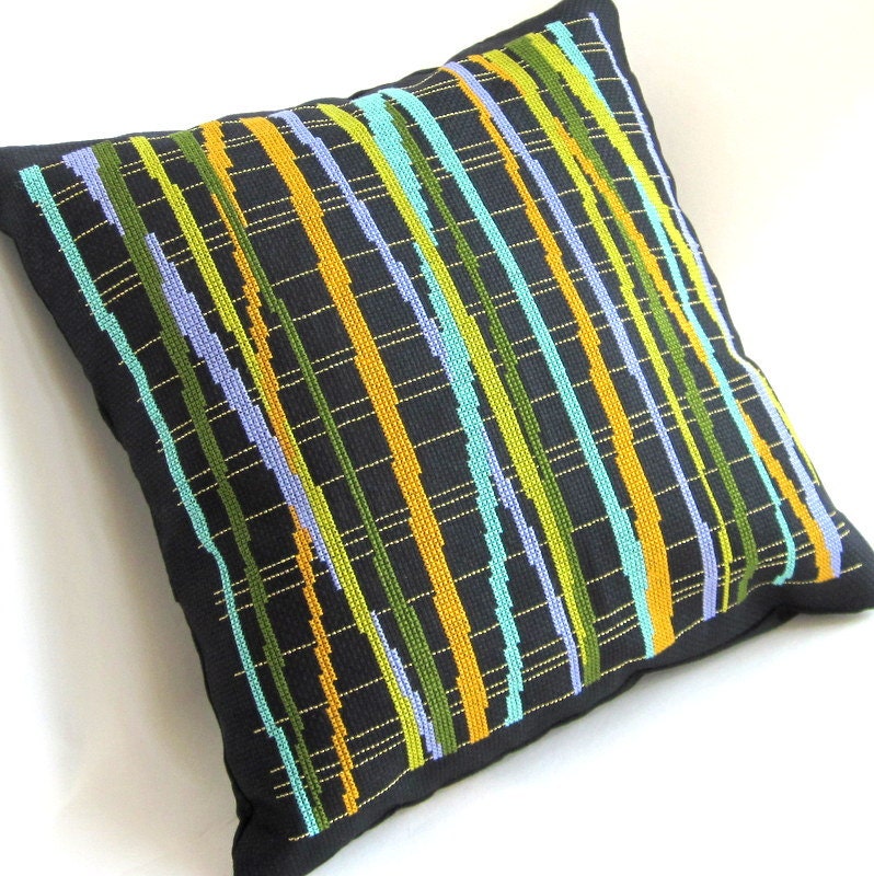 Cross Stitch Pillow OOAK Stripes Olive Lime Aqua Periwinkle Gold Contemporary Home Decor Home Fashion