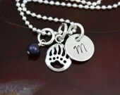 My Petite Bear Pawprint Initial Necklace - Hand Stamped Sterling Silver Necklace